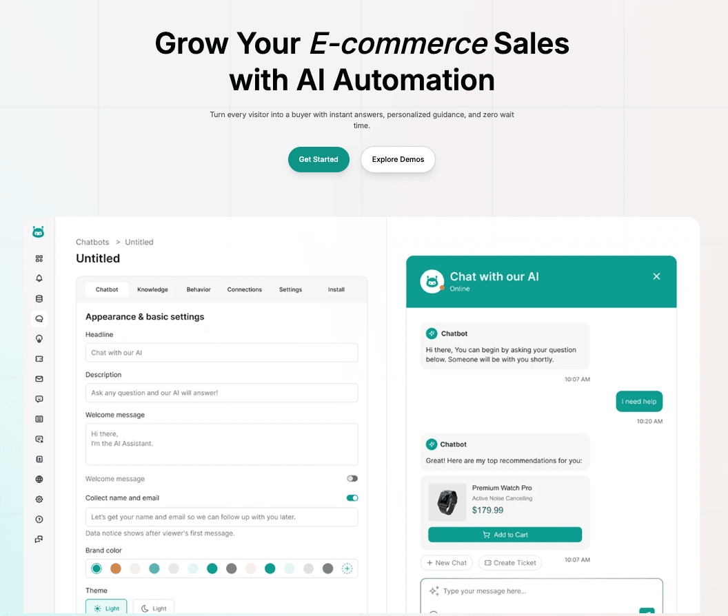 Botmerze AI chatbot dashboard — chatbot builder and live chat widget preview