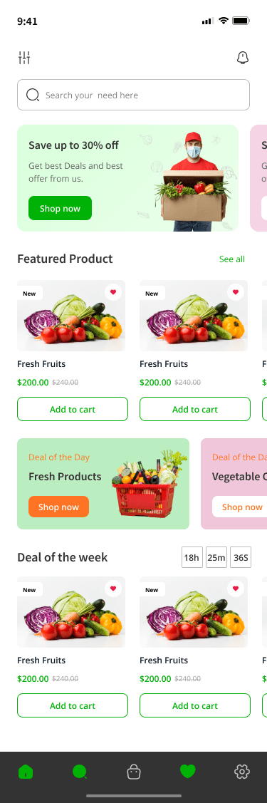 Grenmart app home screen — search, deals and featured products