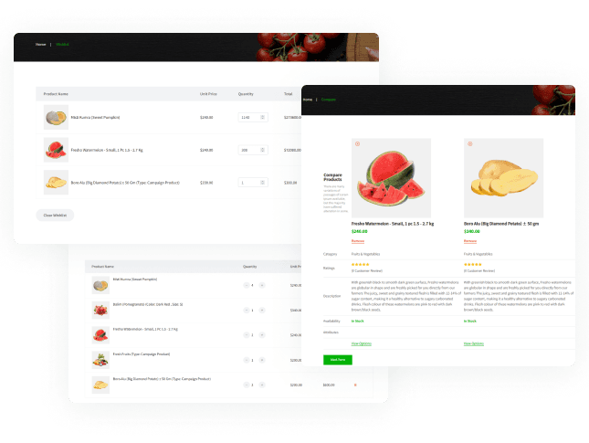 Grenmart cart, wishlist and product comparison in the live storefront