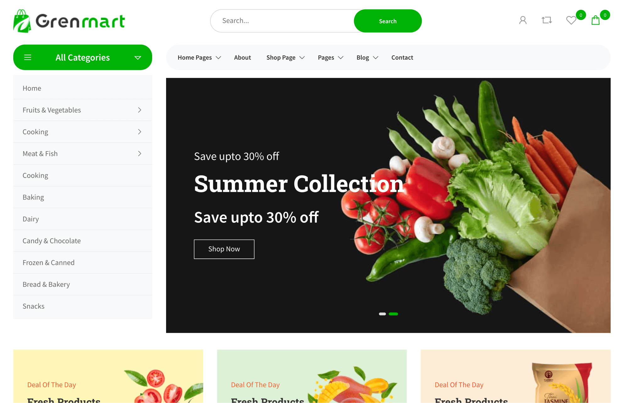 Grenmart organic and grocery Laravel eCommerce storefront homepage