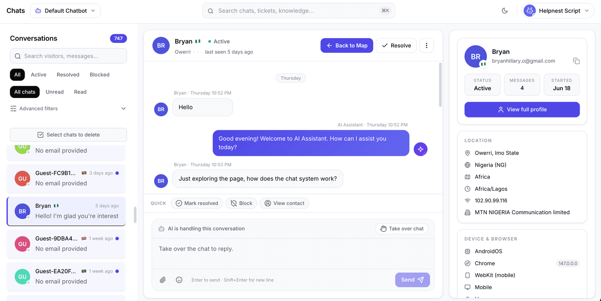 Helpnest AI customer support platform dashboard
