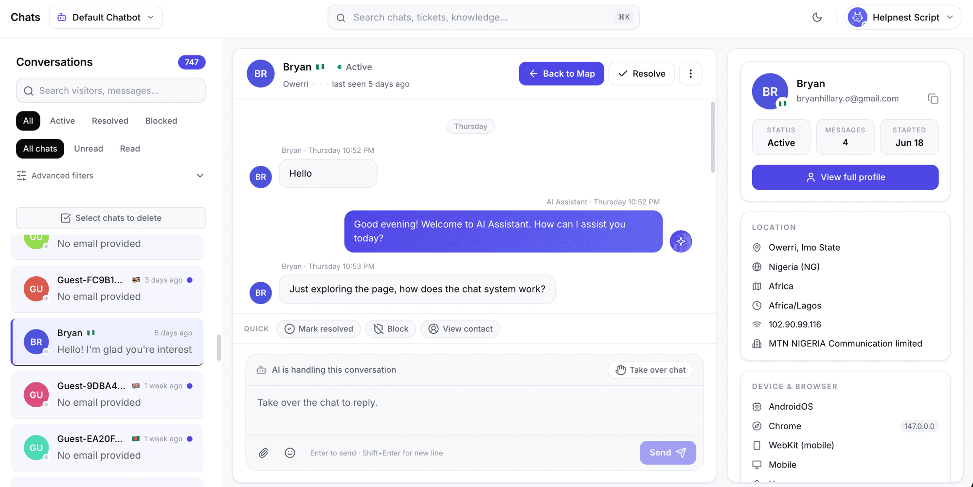 Helpnest AI customer support platform dashboard