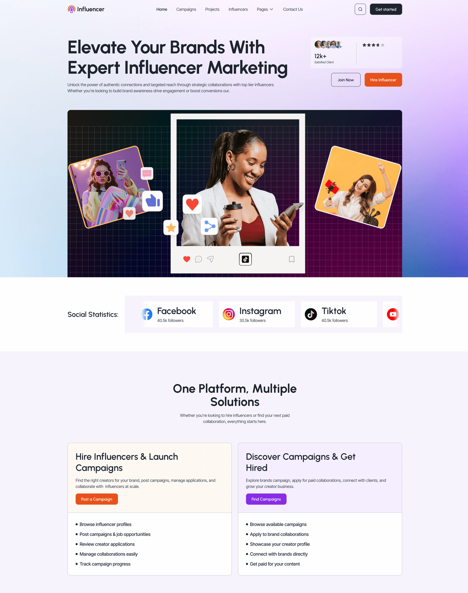 Influstar influencer marketing marketplace — homepage with influencer collage, social statistics, and hire/get-hired flows