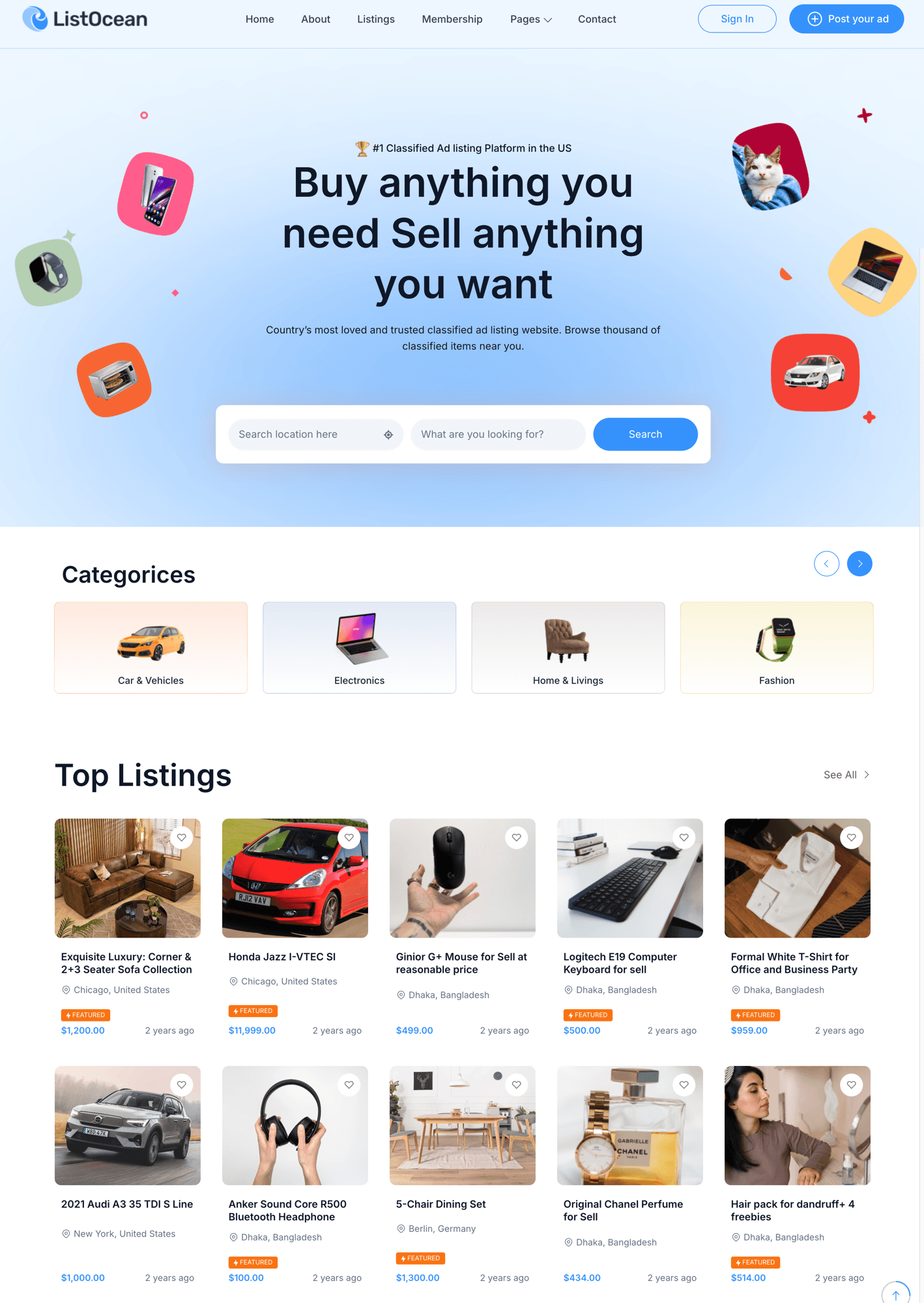 ListOcean classified ads platform — homepage with listing grid, categories, and search