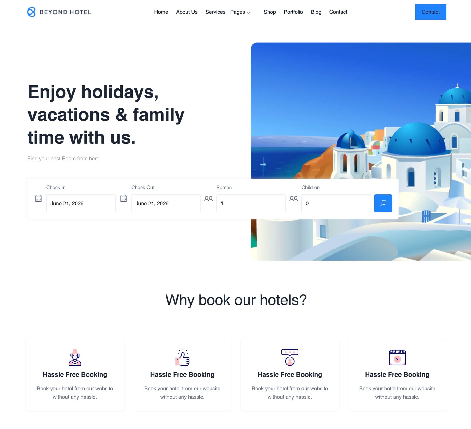 Hotel Booking theme preview for MultiSaas website builder