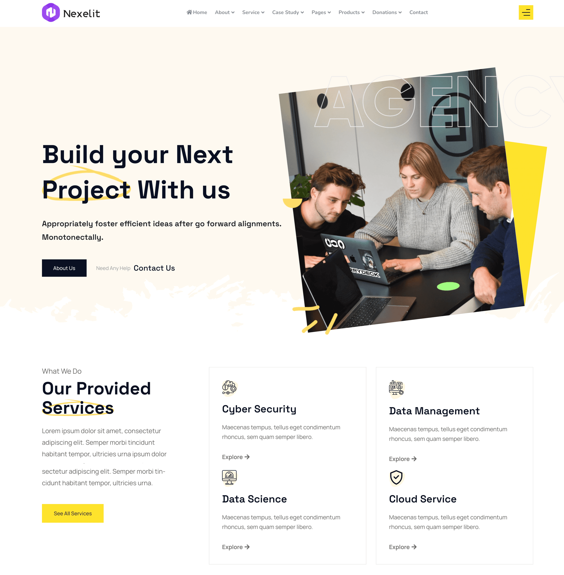 Nexelit multipurpose CMS — agency homepage with navigation, hero, and service cards