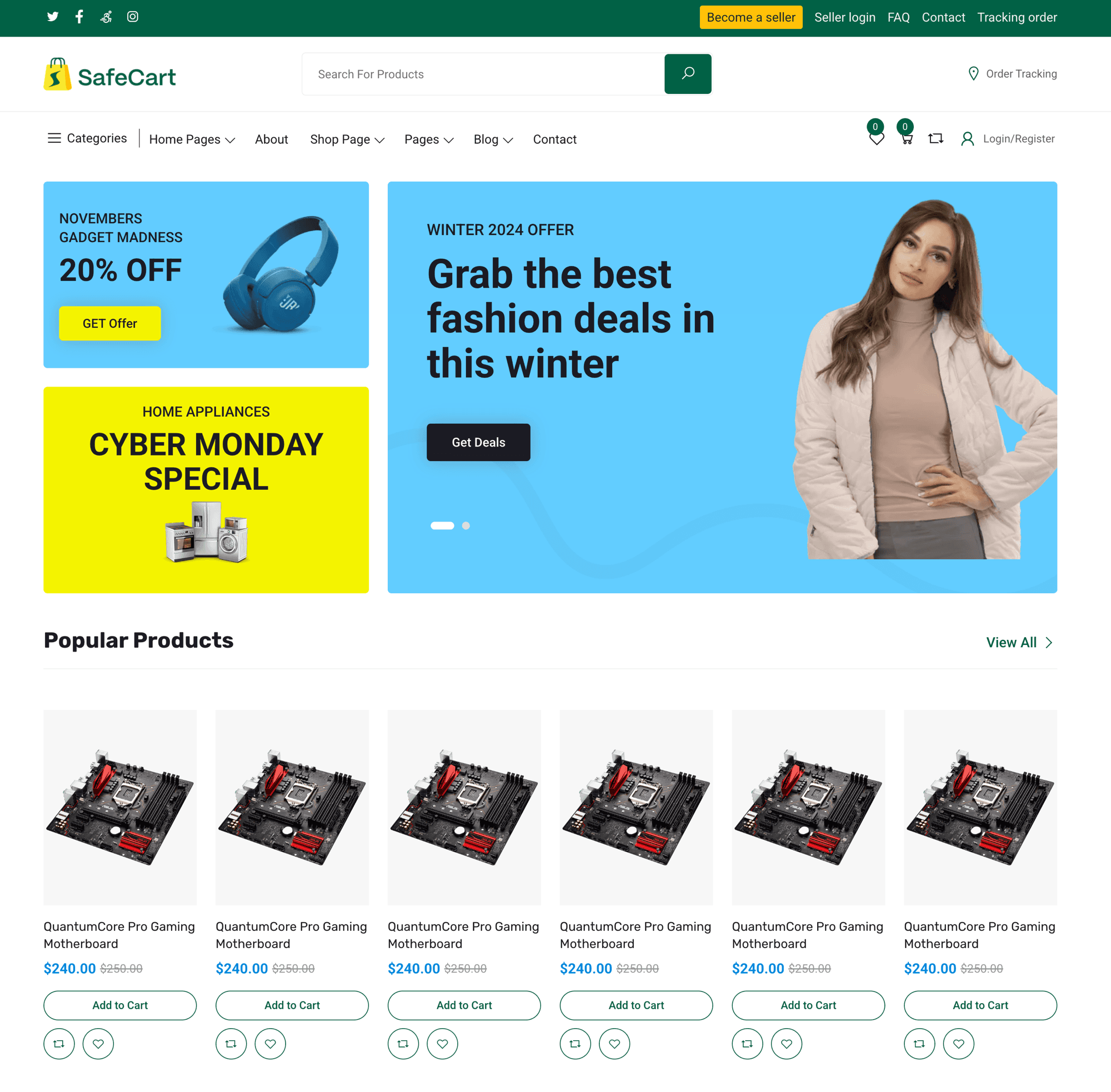 SafeCart multi-vendor eCommerce platform — storefront with product listings, categories, and vendor dashboard