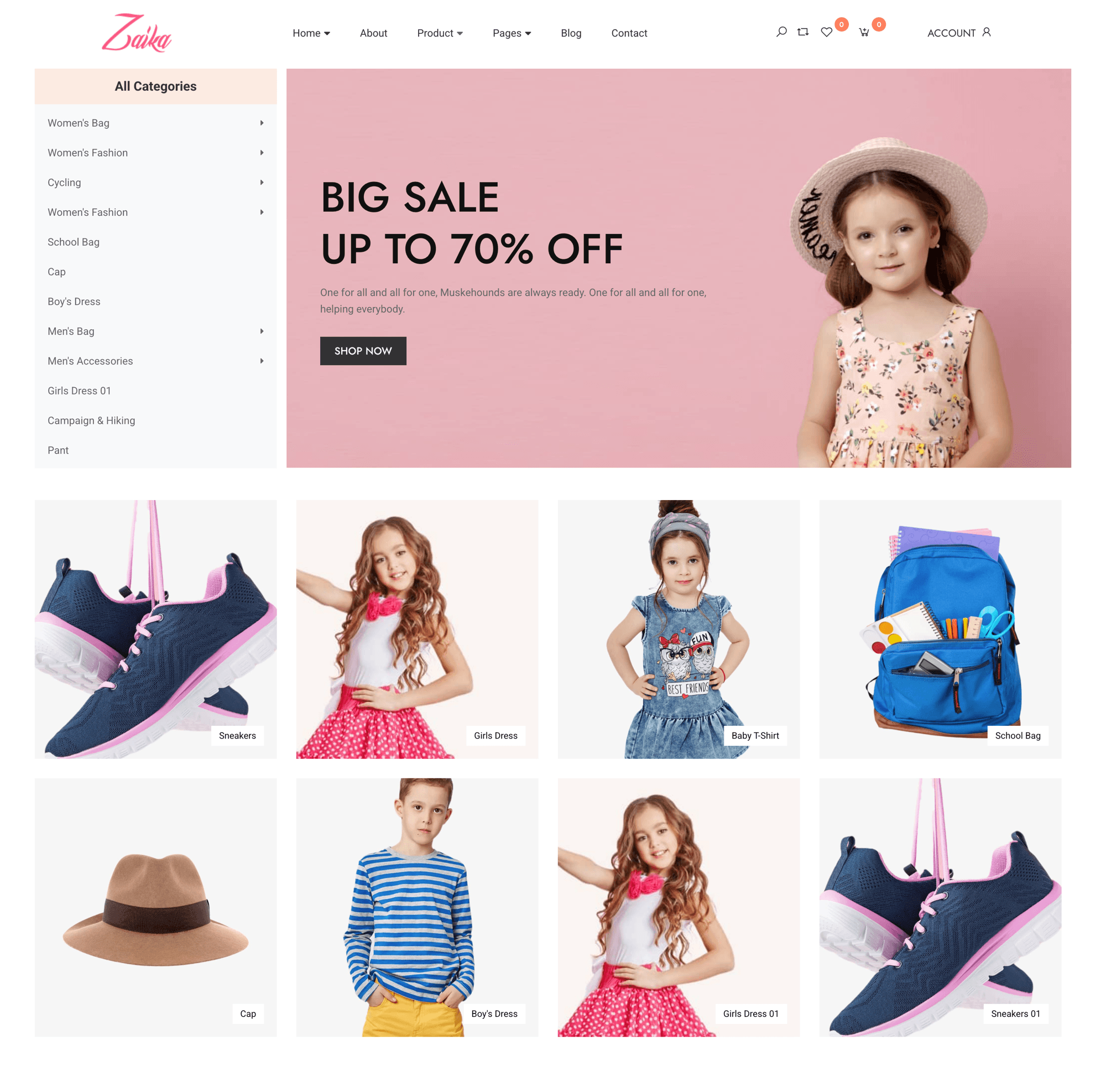 Zaika single vendor eCommerce Laravel storefront — fashion homepage with big sale banner and product grid