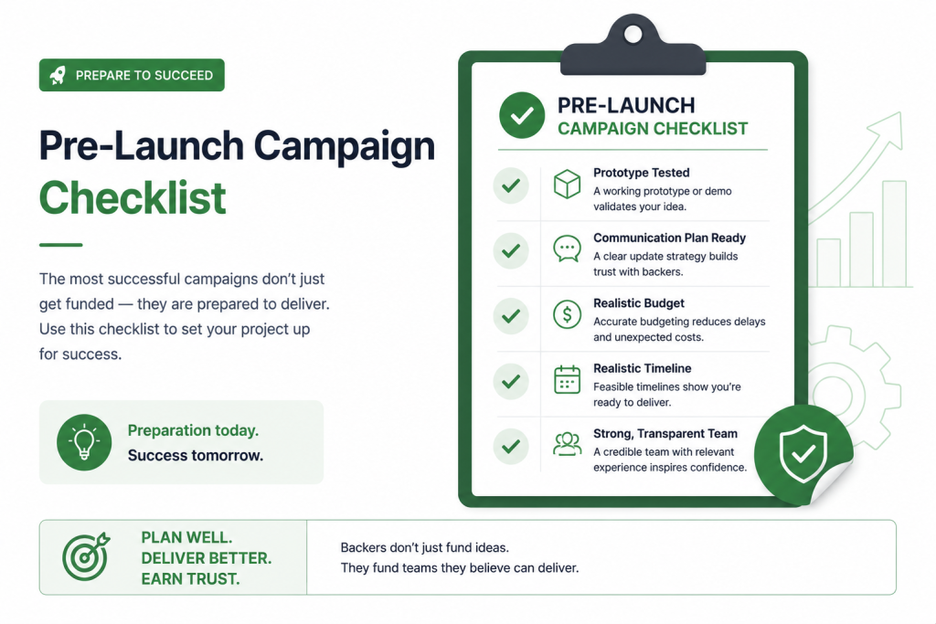 Pre-launch checklist for crowdfunding campaigns showing five steps to avoid failure