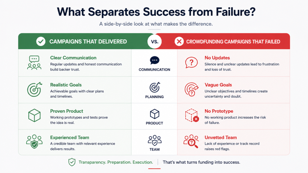Crowdfunding campaign success vs failure comparison showing what separates campaigns that deliver from those that collapse