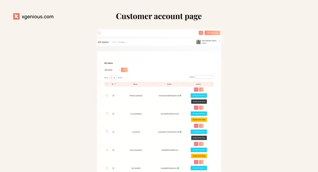 Customer account page