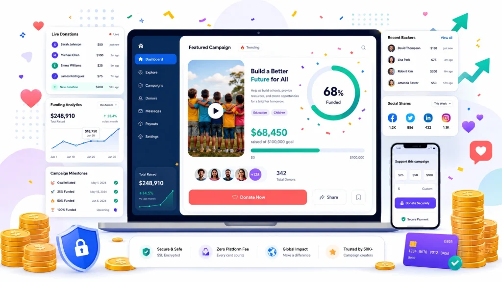 Illustration of an open source crowdfunding platform dashboard showing campaign progress bars and donation totals