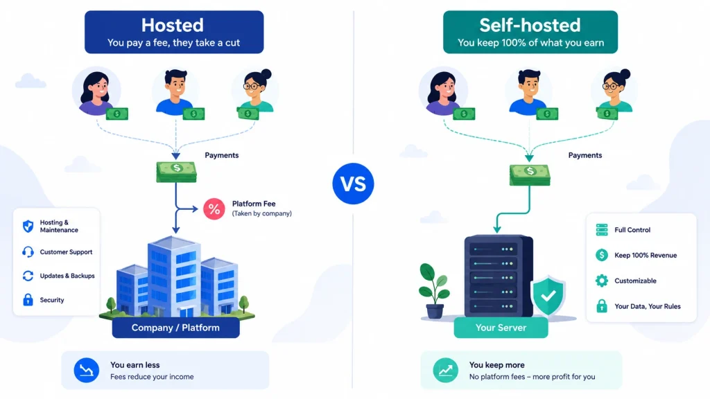 Comparison graphic contrasting hosted crowdfunding platforms with a self-hosted open source crowdfunding platform