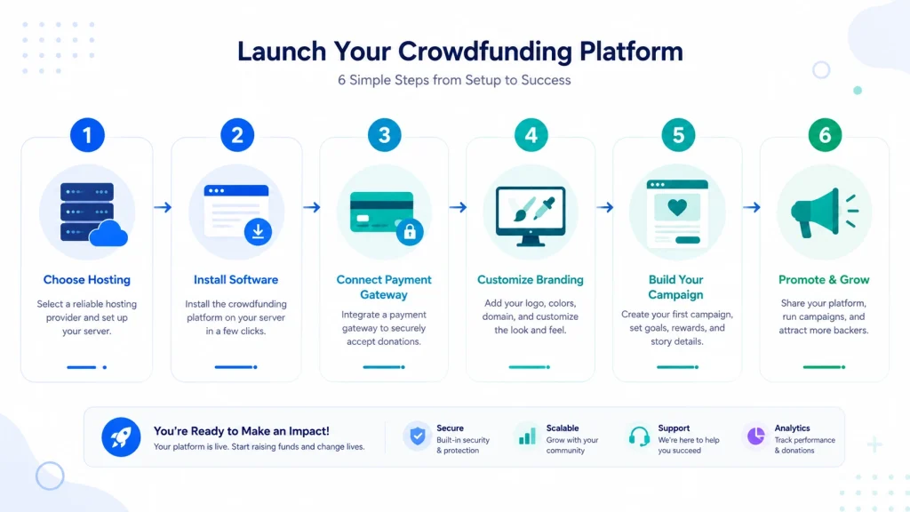 Step-by-step diagram showing how to set up an open source crowdfunding platform from hosting to launch