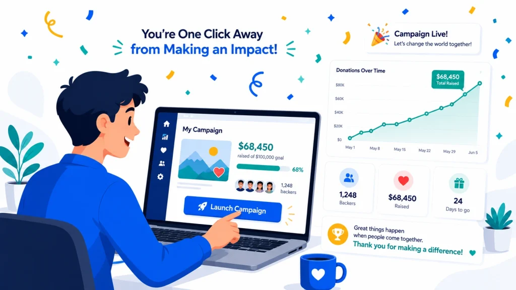 Person launching an open source crowdfunding platform campaign on a laptop with a rising donation graph in the background