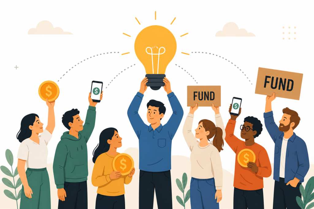 People contributing money to fund a startup idea on a crowdfunding platform