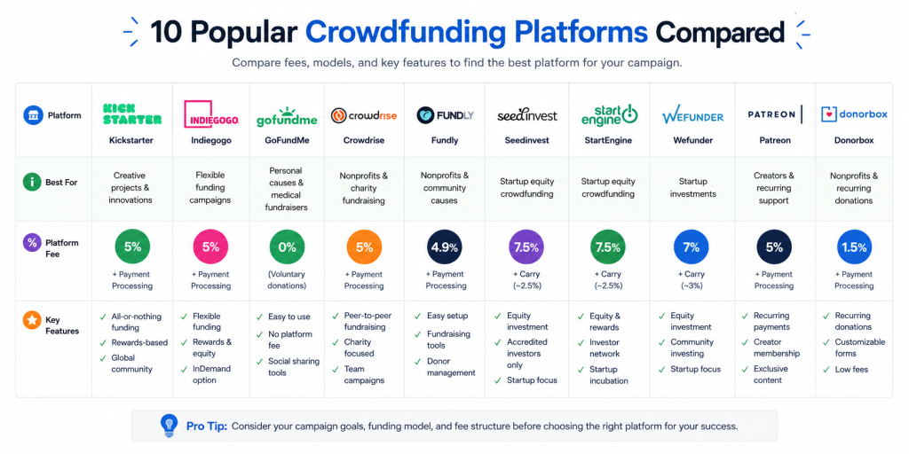 Side-by-side comparison table of 10 crowdfunding platforms showing fees and campaign models