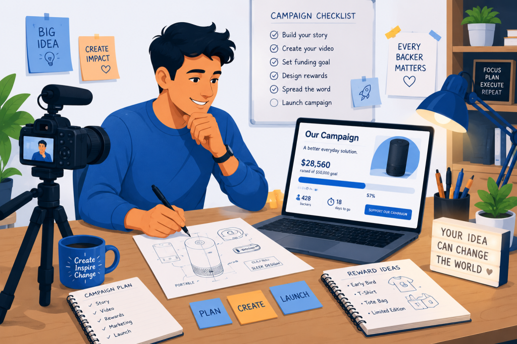Crowdfunding campaign creator building a campaign page with video and product visuals