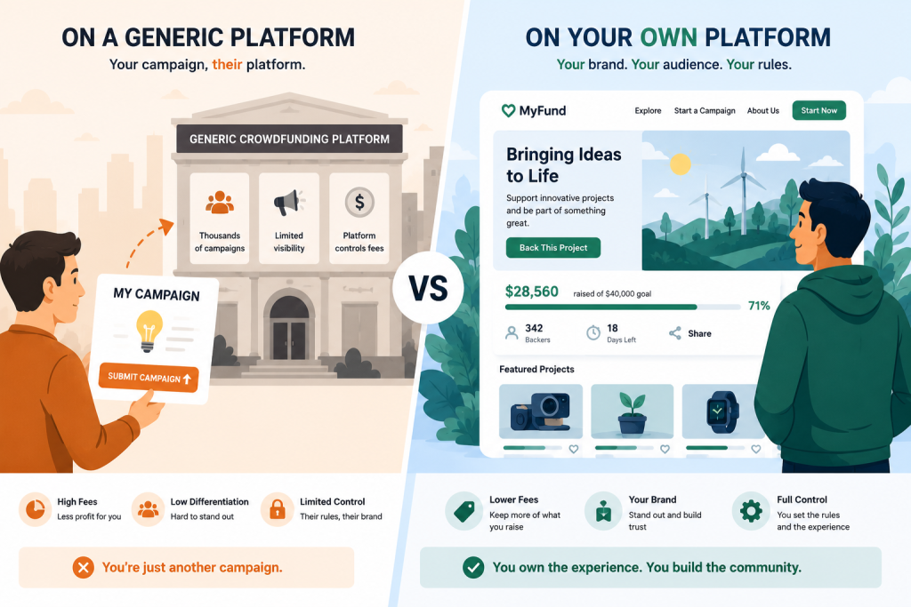 Comparison between listing on an existing crowdfunding platform and owning your own crowdfunding platform