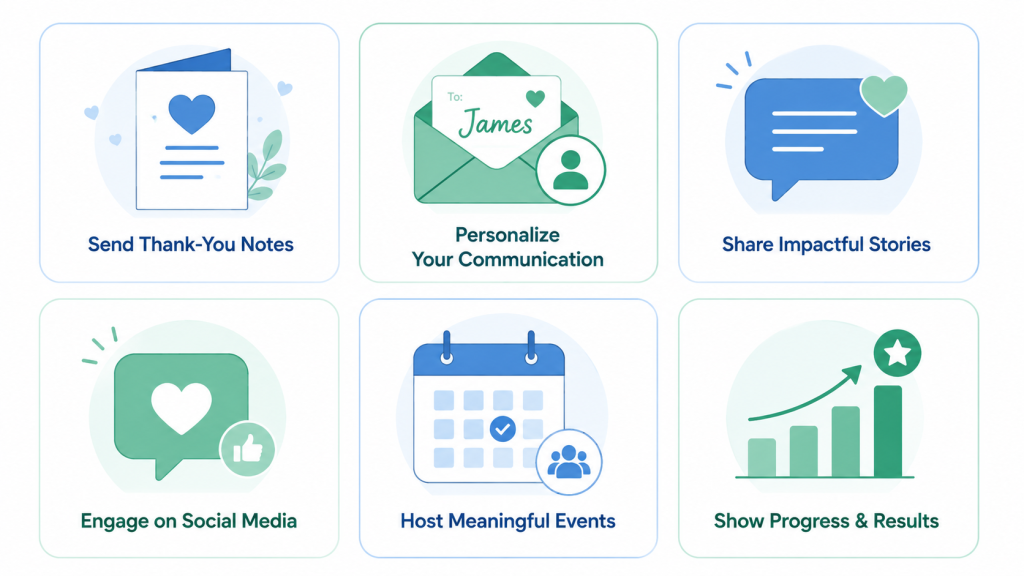 Donor engagement strategies infographic including thanking personalization and storytelling 