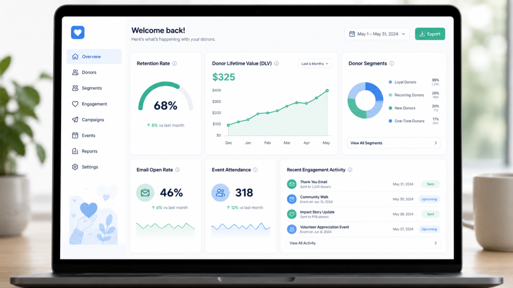 Donor engagement measurement dashboard showing retention rate and donor lifetime value metrics 