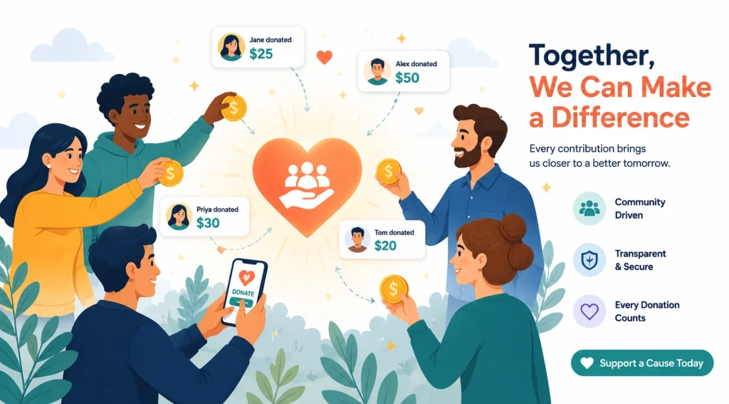 Illustration explaining donation based crowdfunding with donors giving money to a shared cause