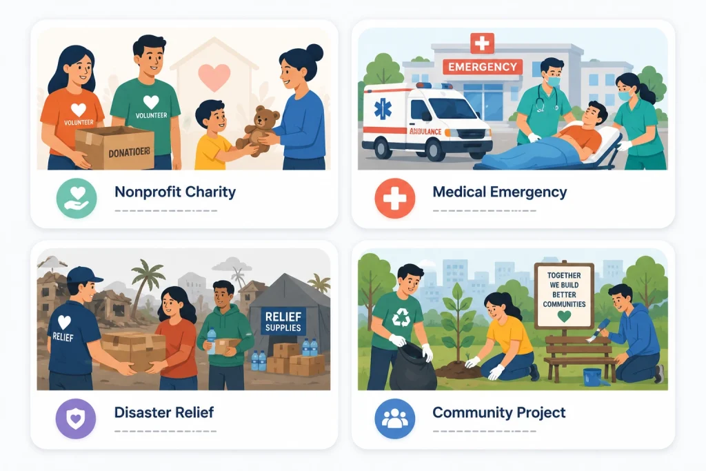 Different groups using donation based crowdfunding including nonprofits medical causes and disaster relief
