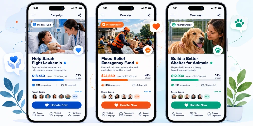Real world examples of donation based crowdfunding campaigns for medical disaster relief and community causes