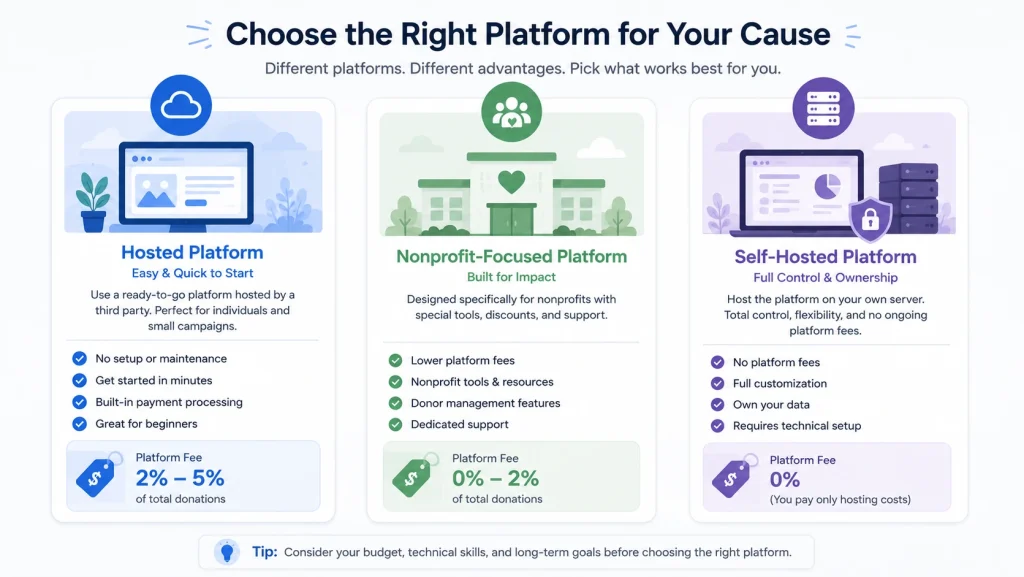 Comparison of donation based crowdfunding platform options including hosted and self-hosted

