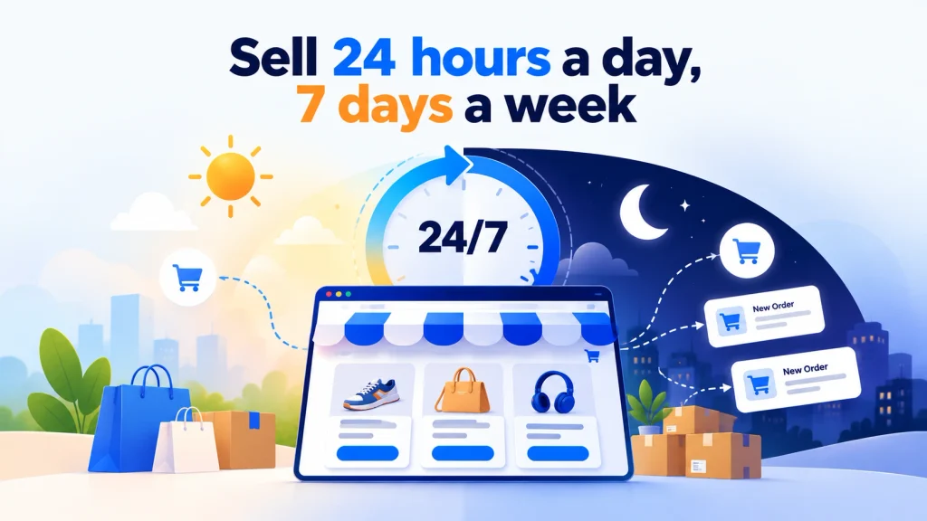 An ecommerce website sells 24/7 to customers anywhere