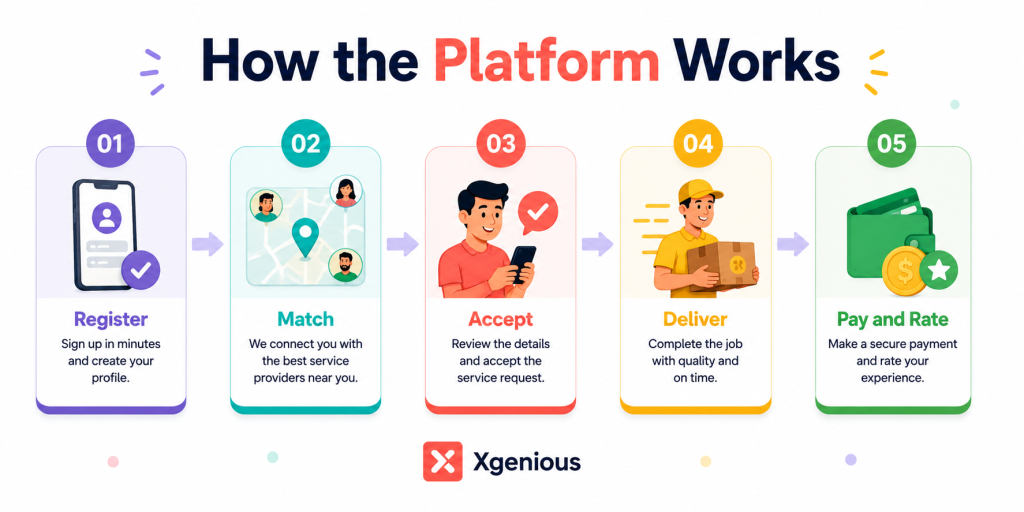 five-step workflow showing how an on-demand service platform works from request to review