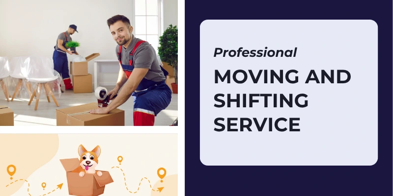 Professional movers handling furniture or packing boxes during relocation