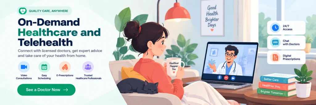 On-demand healthcare and telehealth service with a video consultation on a phone
