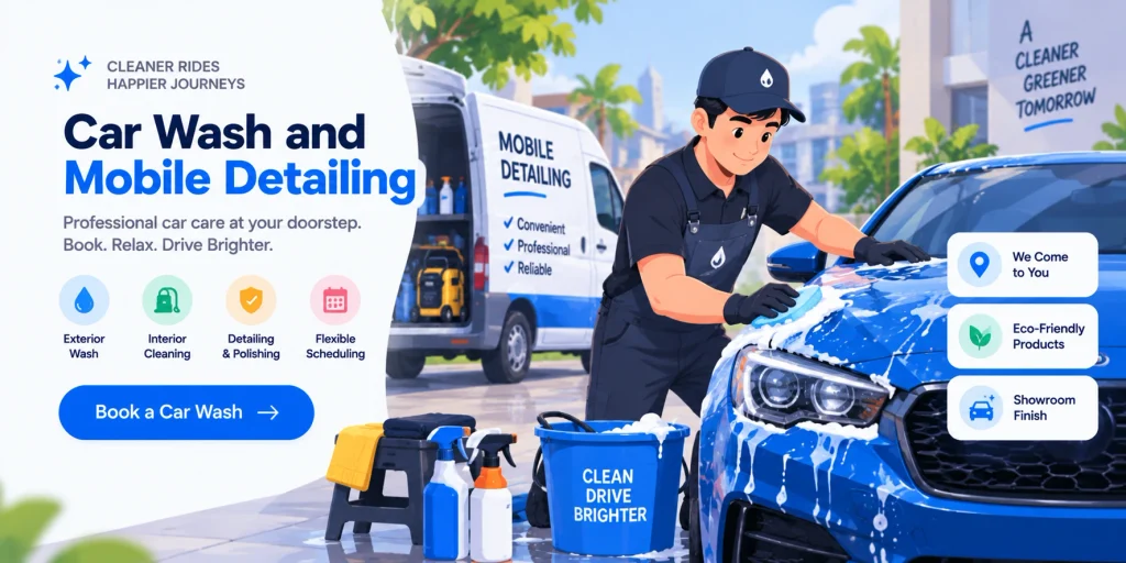 On-demand mobile car wash and detailing service cleaning a car at the customer's home