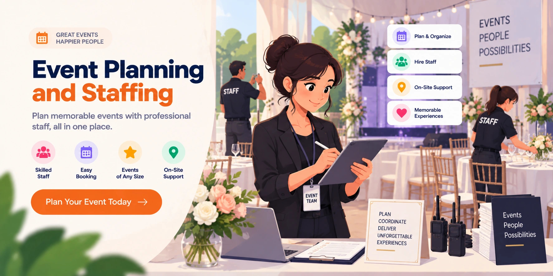 On-demand event planning and staffing service organizing a celebration