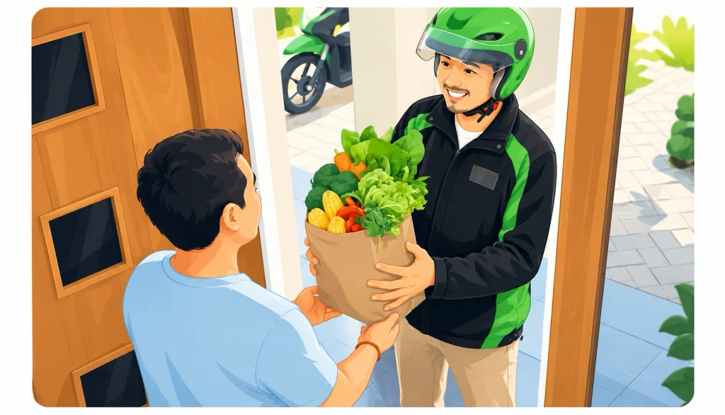On-demand food and grocery delivery service with a rider delivering an order
