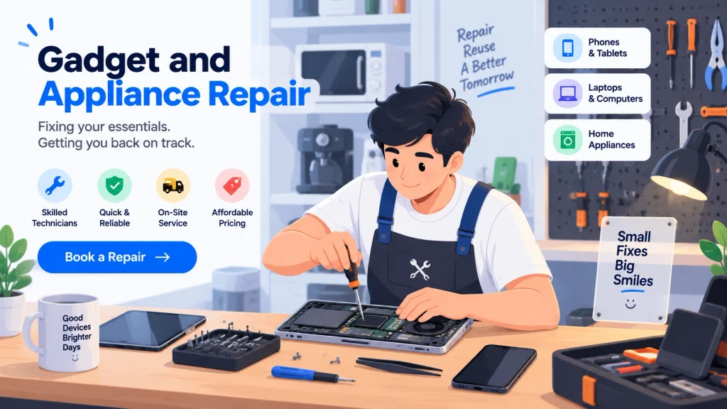 On-demand gadget and appliance repair service fixing a smartphone at the doorstep