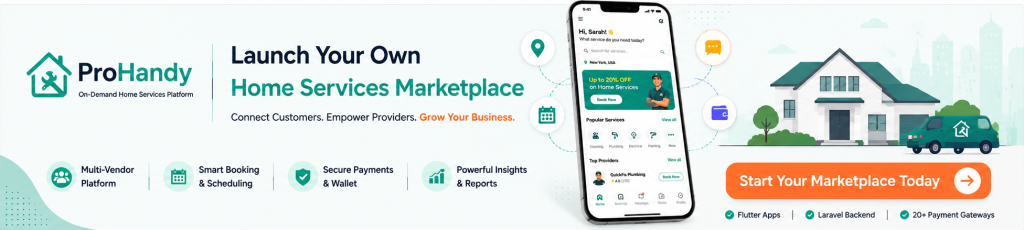 Founder launching an on-demand home services business platform on a laptop and mobile app
