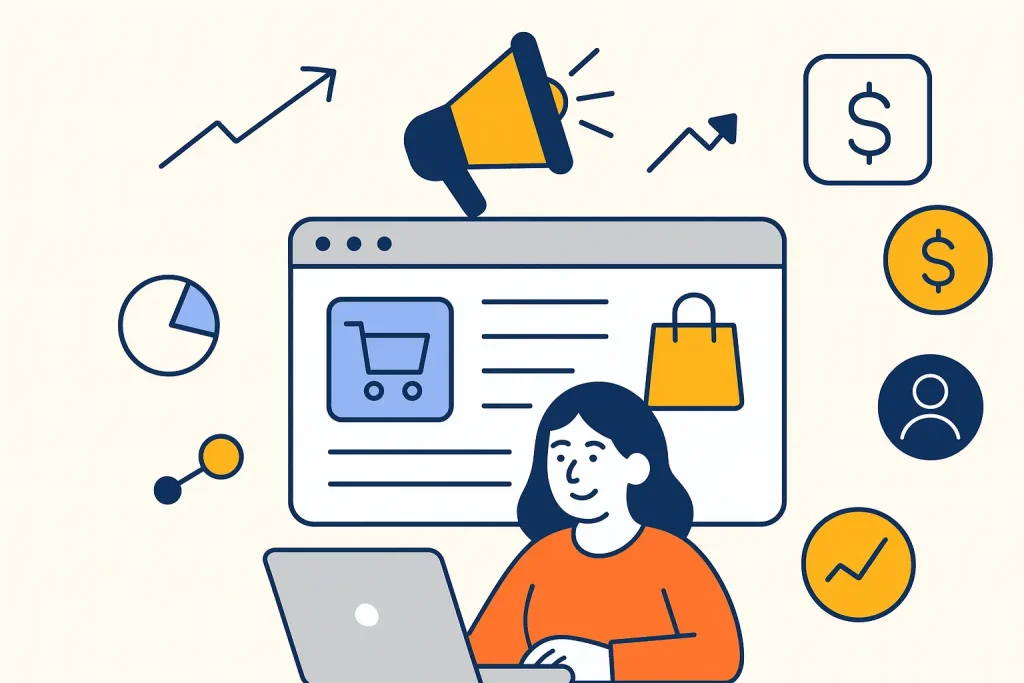 Illustration showing how to market your ecommerce website, featuring a woman working on a laptop surrounded by icons for organic efforts, paid ads, and customer engagement strategies