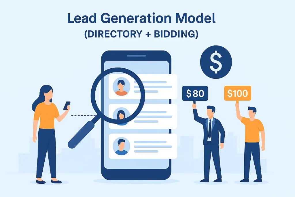 Illustration of Lead Generation Model showing a directory with bidding between service providers.