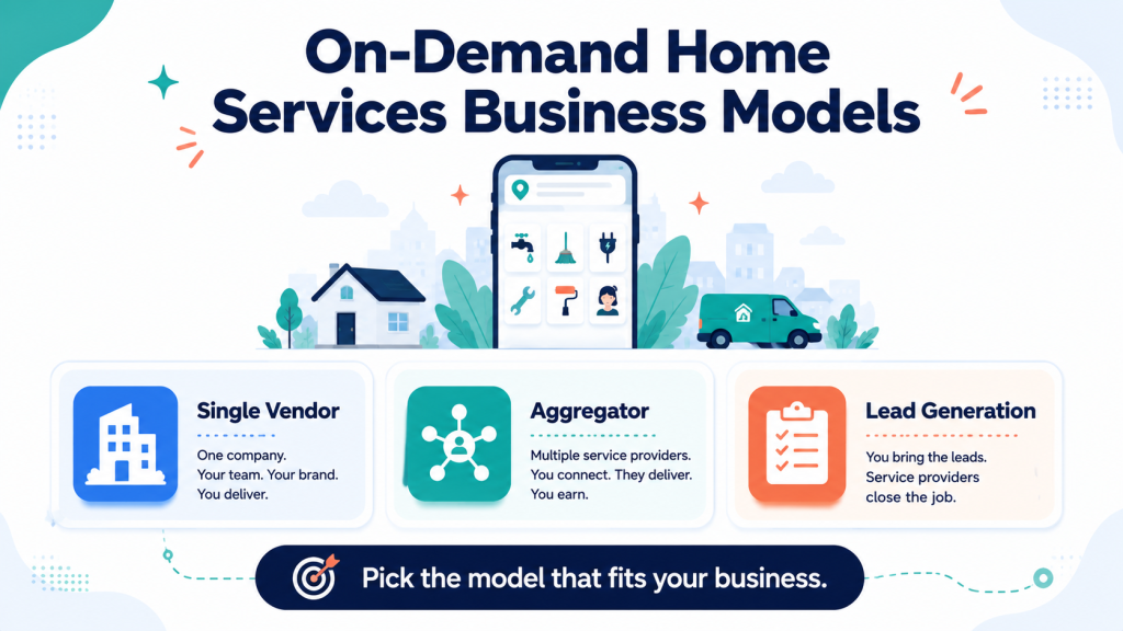 On-demand home services business models illustration showing a cleaner, plumber, and electrician booked through a mobile app