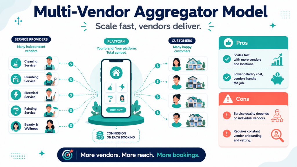 Multi-vendor aggregator on-demand home services business model showing an app connecting many independent providers to customers