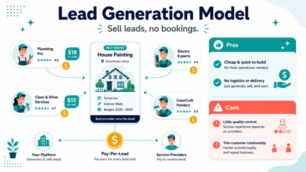 Lead generation on-demand home services business model showing a directory where providers bid on customer job requests