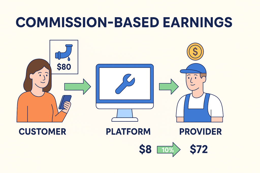Illustration showing commission-based revenue model where a platform earns a percentage from each customer transaction in a home service marketplace.
