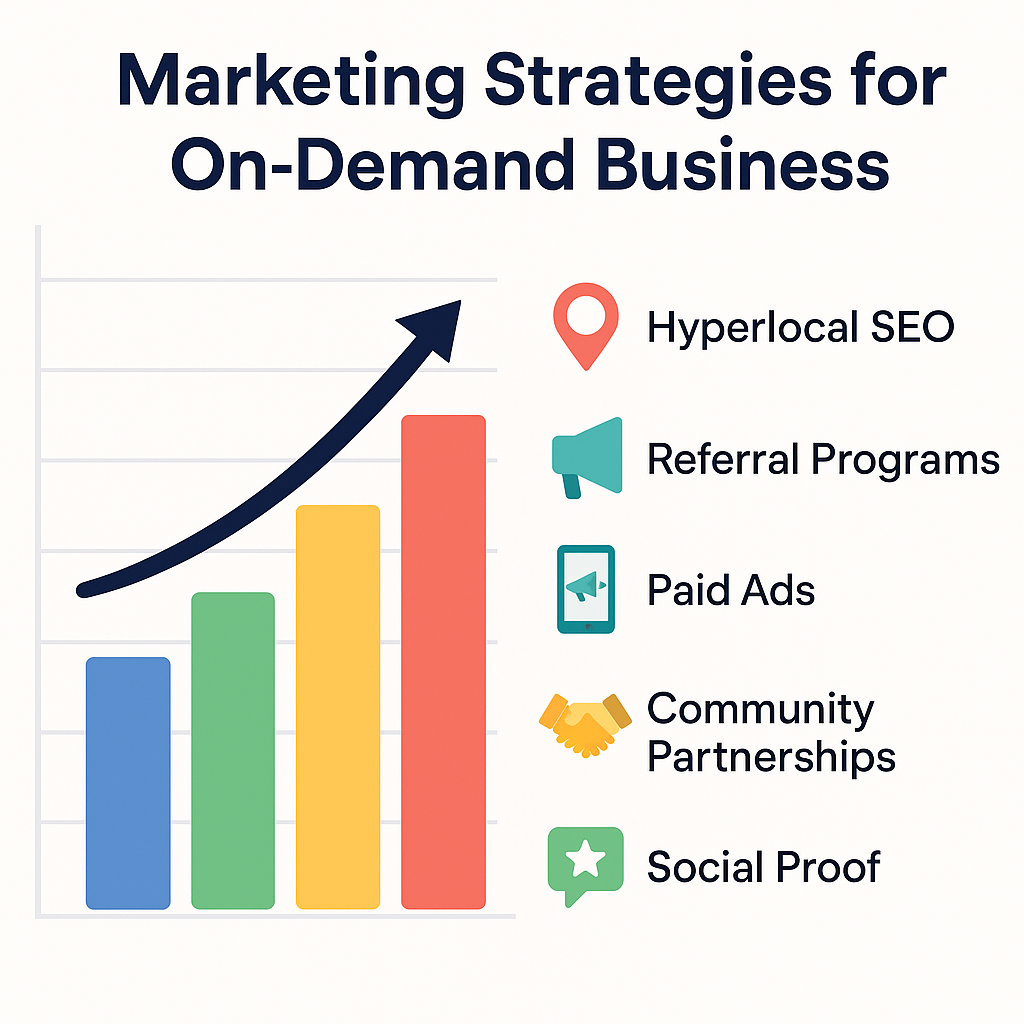 Bar chart showing marketing strategies for on-demand business growth including SEO, referrals, paid ads, community partnerships, and social proof