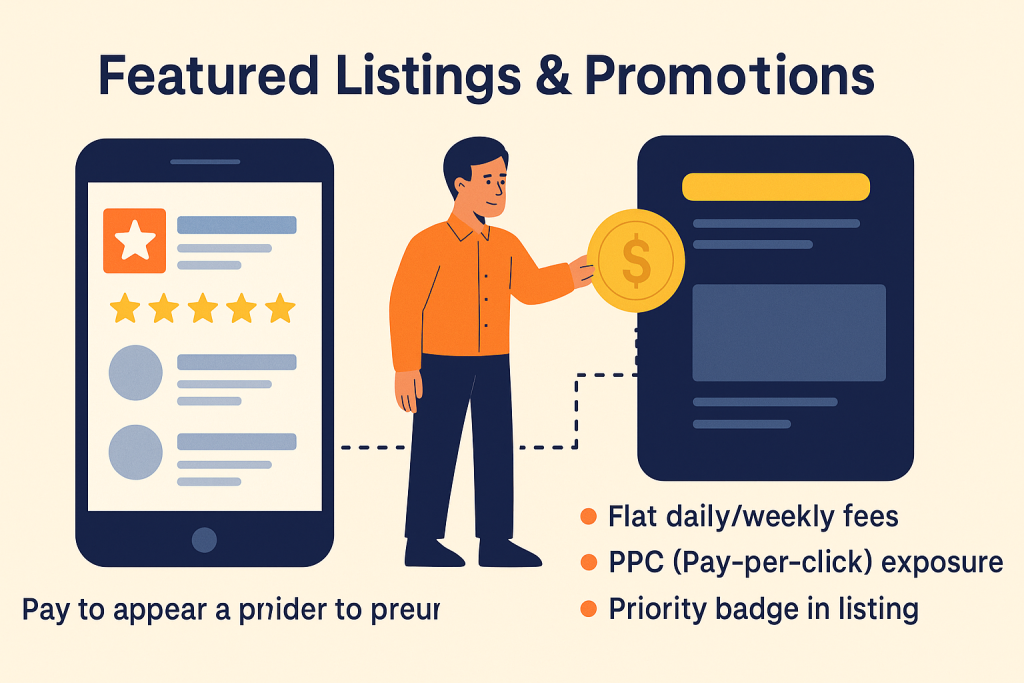 Visual diagram of a provider paying to appear in featured listings on a home service platform, with options like pay-per-click, badges, and promoted visibility.