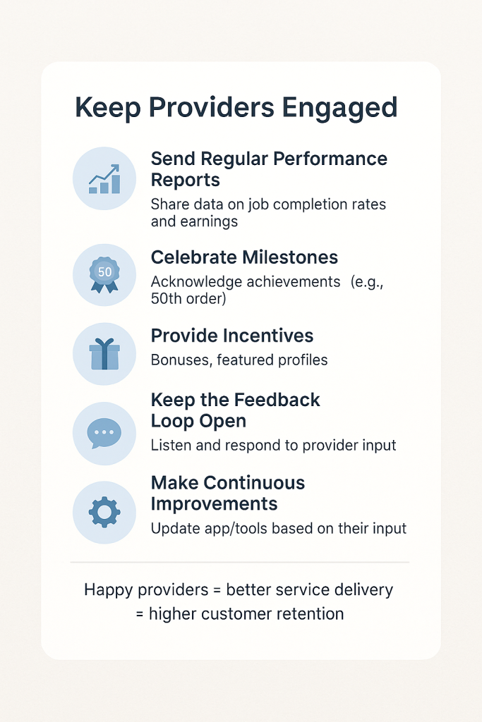 Infographic listing five ways to keep service providers engaged, including performance reports, milestone celebrations, incentives, feedback loops, and continuous improvements.