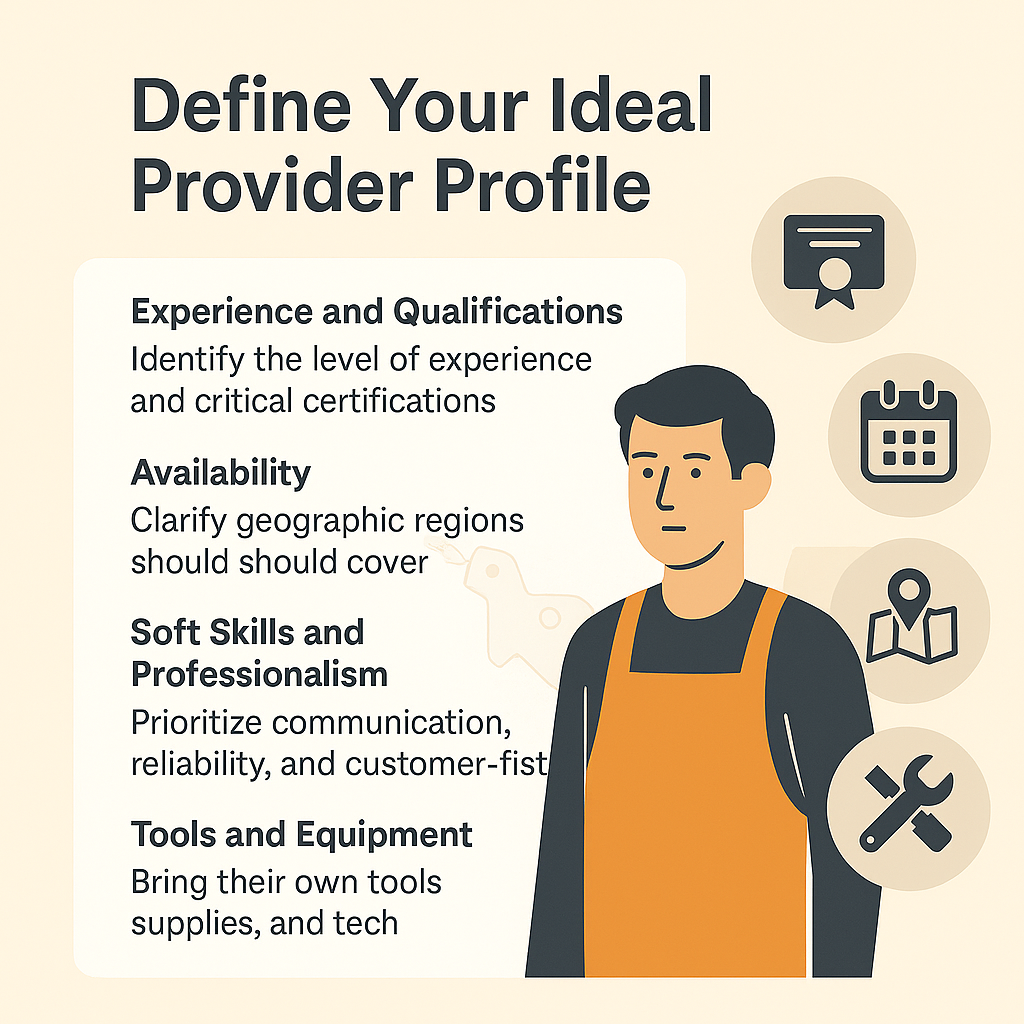 Infographic showing key attributes of an ideal service provider profile including experience, availability, service area, soft skills, and tools.