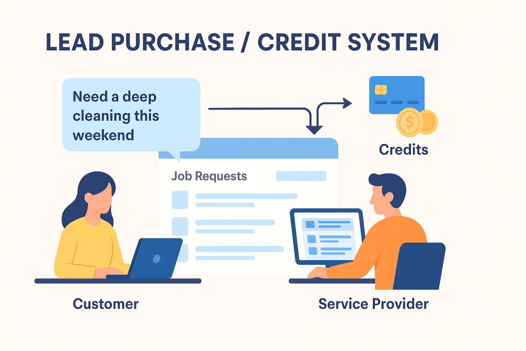 Flat design illustration showing a customer posting job requests and providers using credits to access and respond, representing a credit-based lead system.