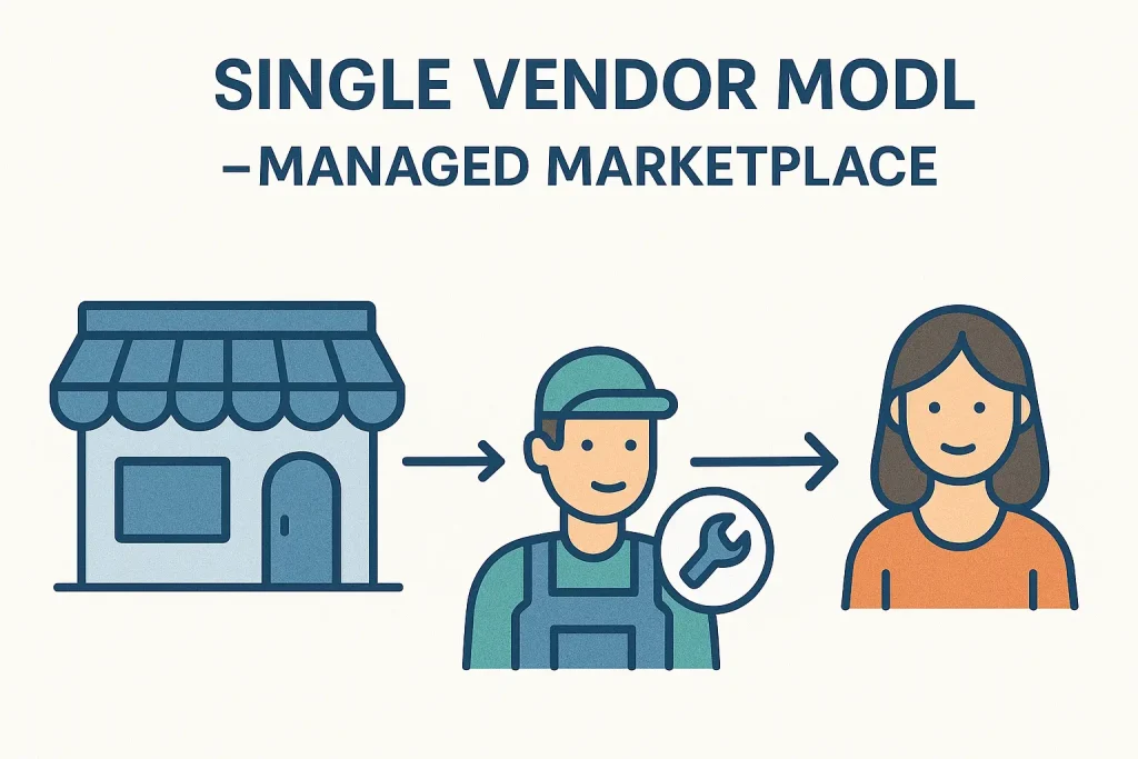 Illustration of the Single Vendor Model – Managed Marketplace showing a store, a handyman, and a customer connected by arrows representing a managed service flow